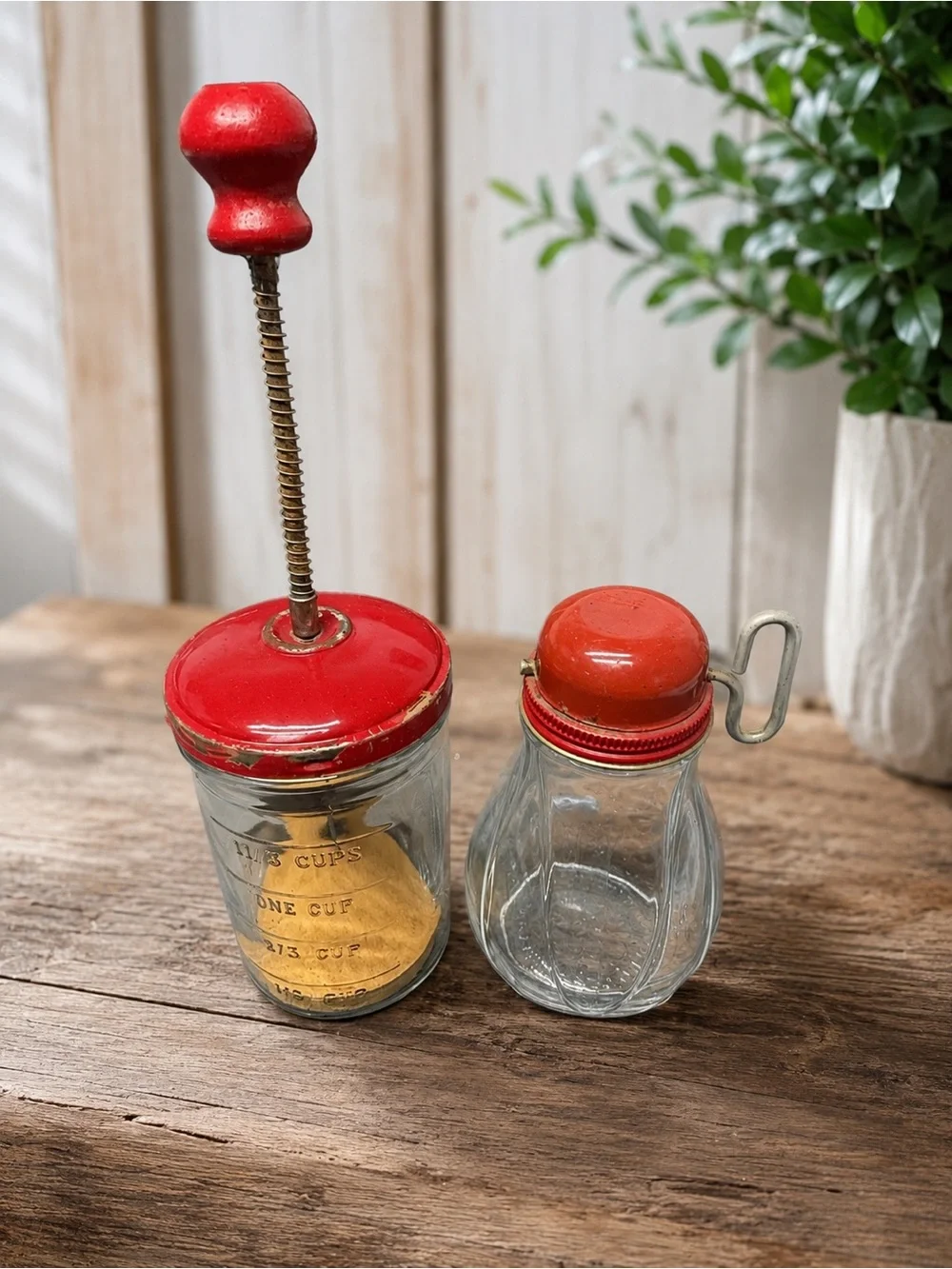 Vintage Red Glass Nut Chopper & Federal Syrup Dispenser 2 Pc Kitchen Lot